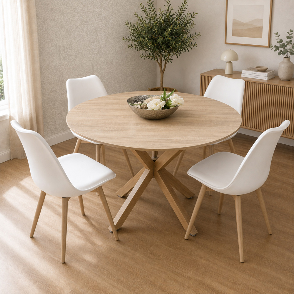 Kosy Koala 4 Seater Wood Effect Faux Leather Round Dining Set White Image 1