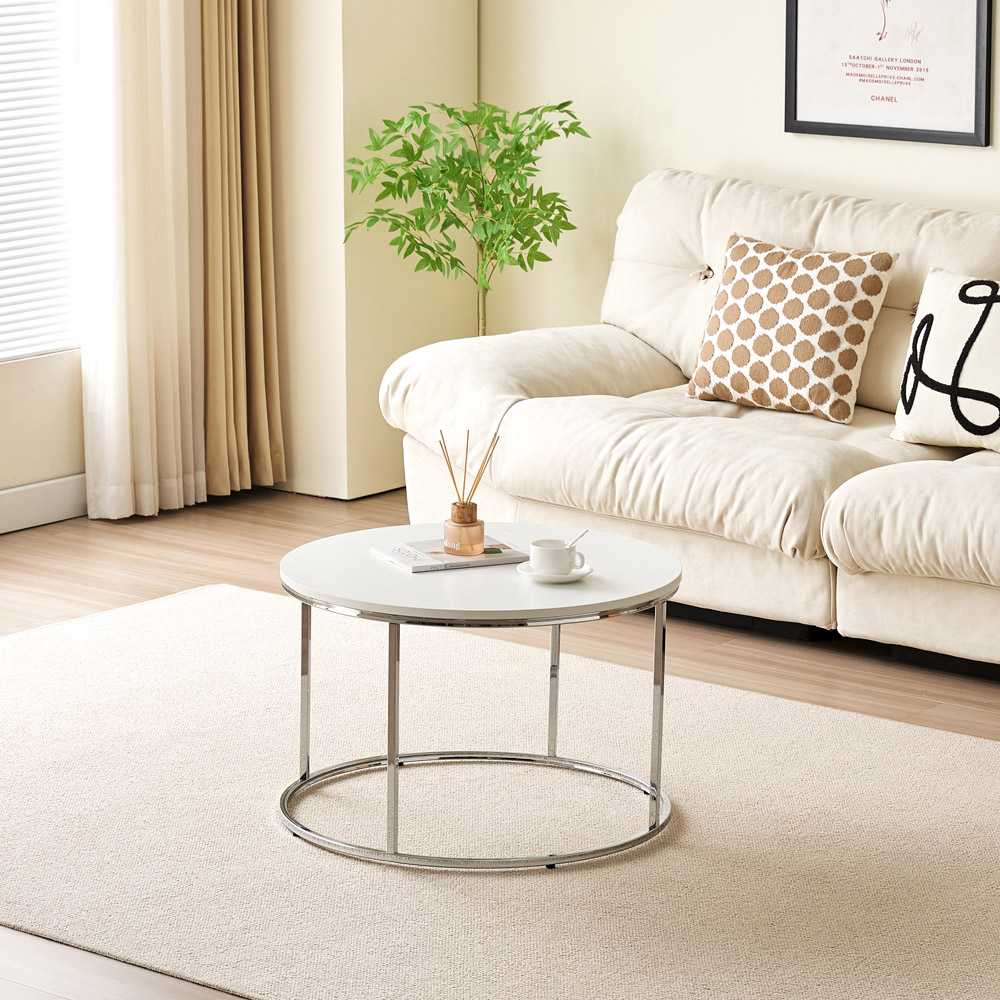 Circular Coffee Table With Silver Metal Frame and Wood White Tabletop Image 7