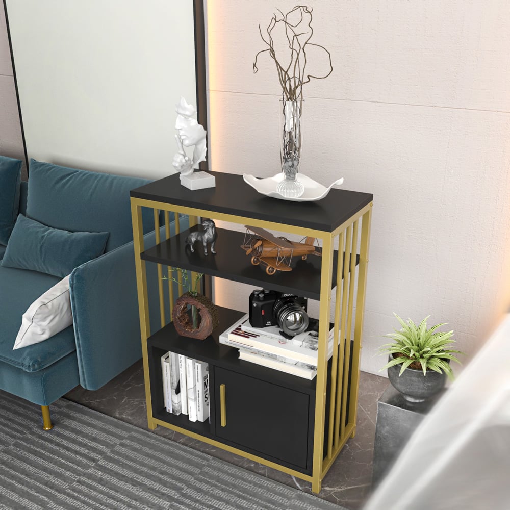 Decorotika Letos Single Door 3 Shelf Anthracite and Gold Bookshelf Image 5