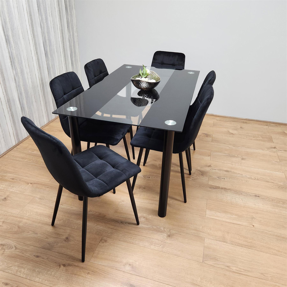 Portland Glass 6 Seater Velvet Dining Set Black Image 4