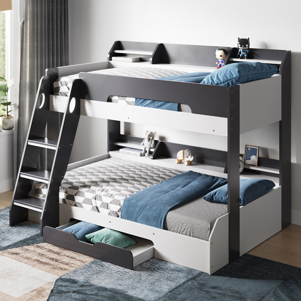 Flair Flick Triple Sleeper Grey Single Drawer Wooden Bunk Bed with Shelves Image 1