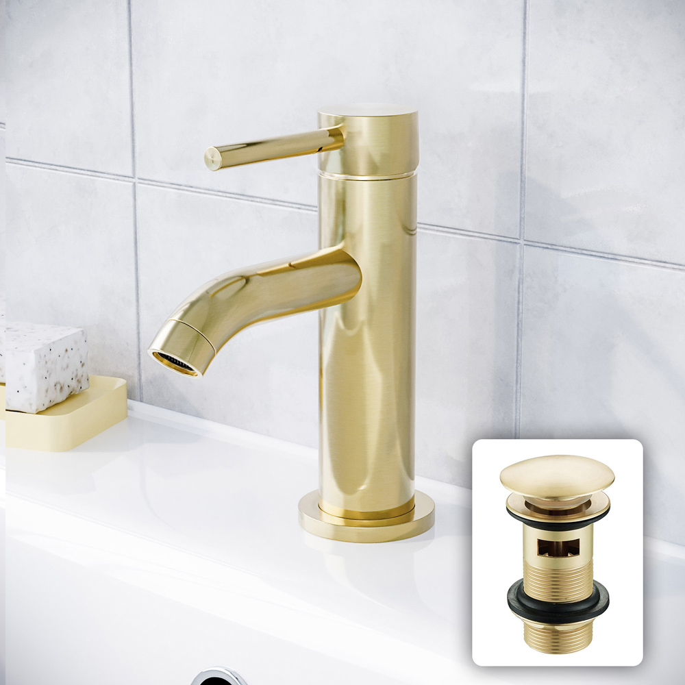 Nes Home Alice Modern Brushed Brass Round Basin Mono Mixer Tap with Waste Image 2