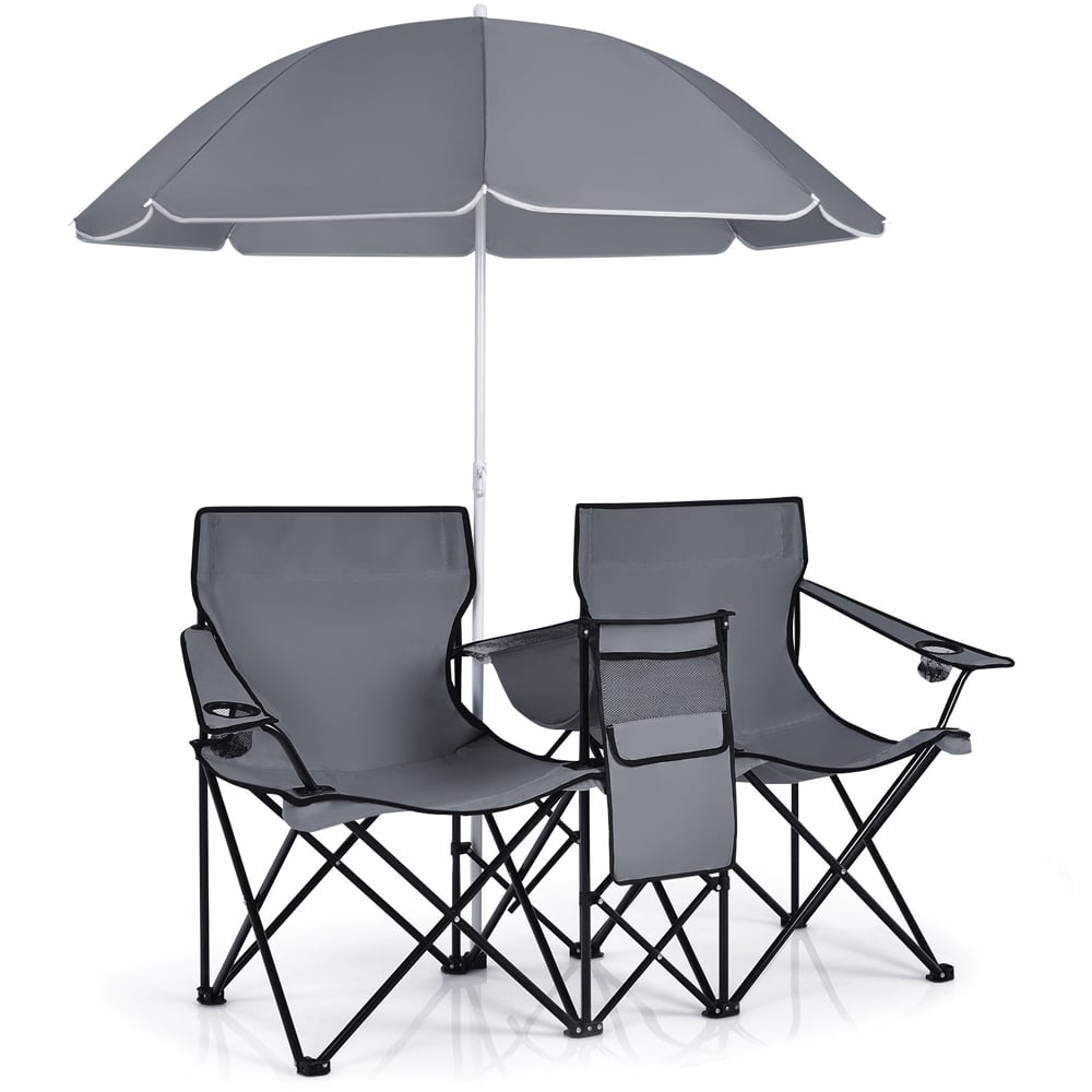 Costway Grey Double Portable Camping Chair with Umbrella and Ice Bag Image 1