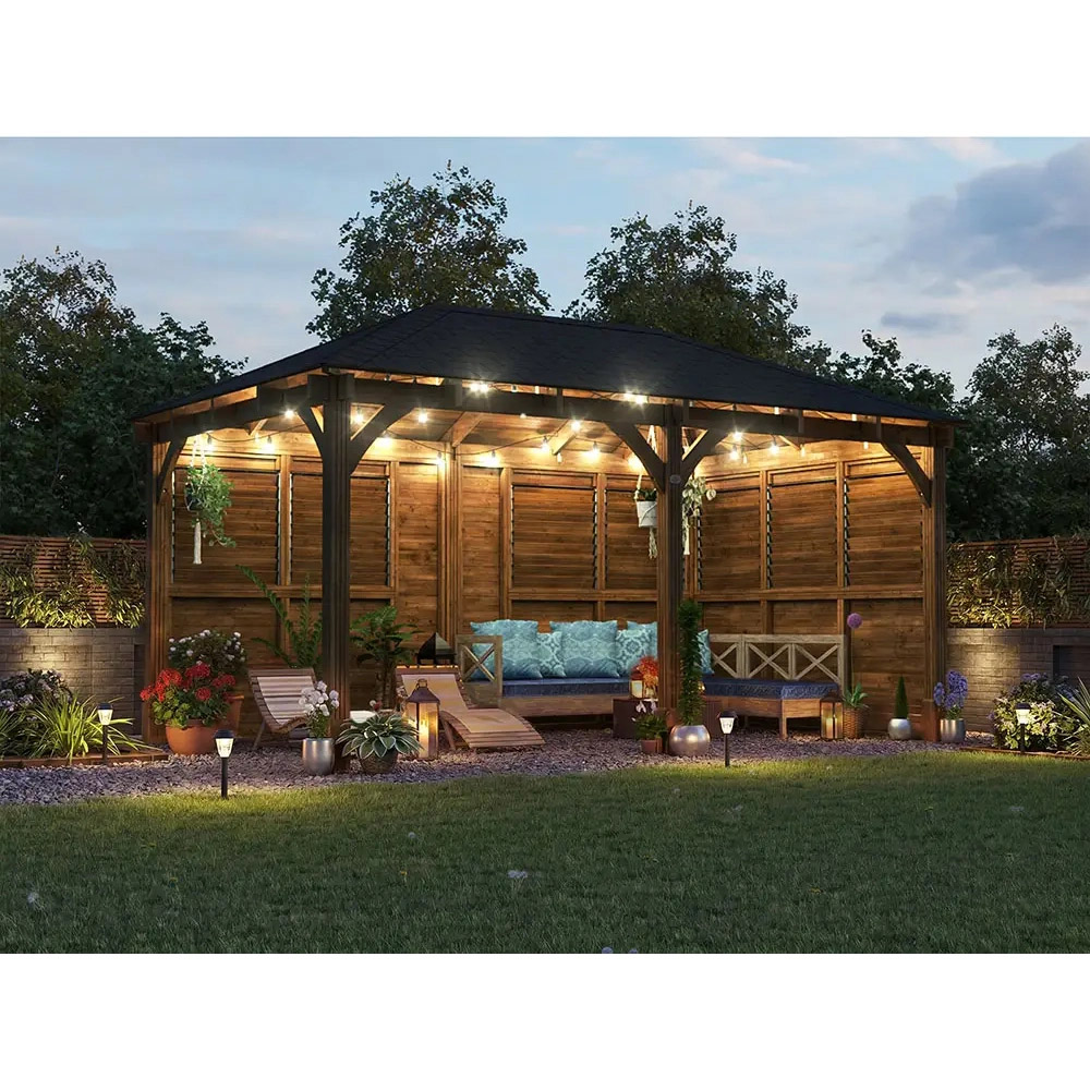 Dunster House Leviathan 5 x 3m Brown Louvre Wall Garden Gazebo with Roof Shingles Image 4