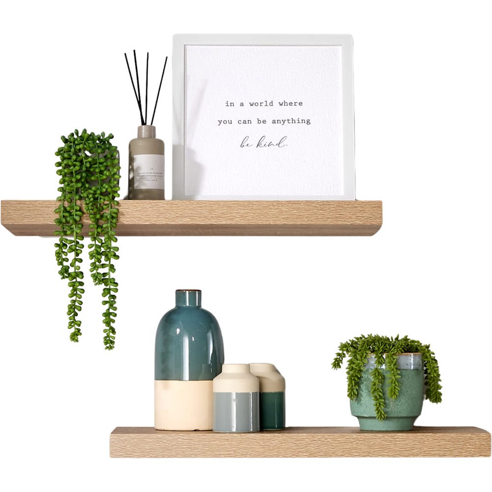 Home Source Cloud 60cm Oak Finish Floating Wall Shelf Set of 2 Image 1