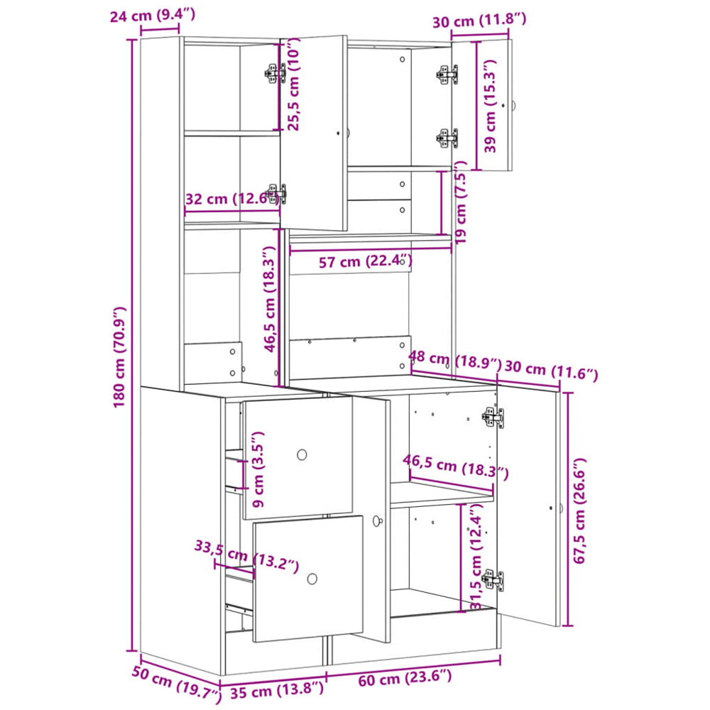 vidaXL 5 Door 2 Drawer Single Shelf Grey Sonoma Kitchen Cabinet Image 9