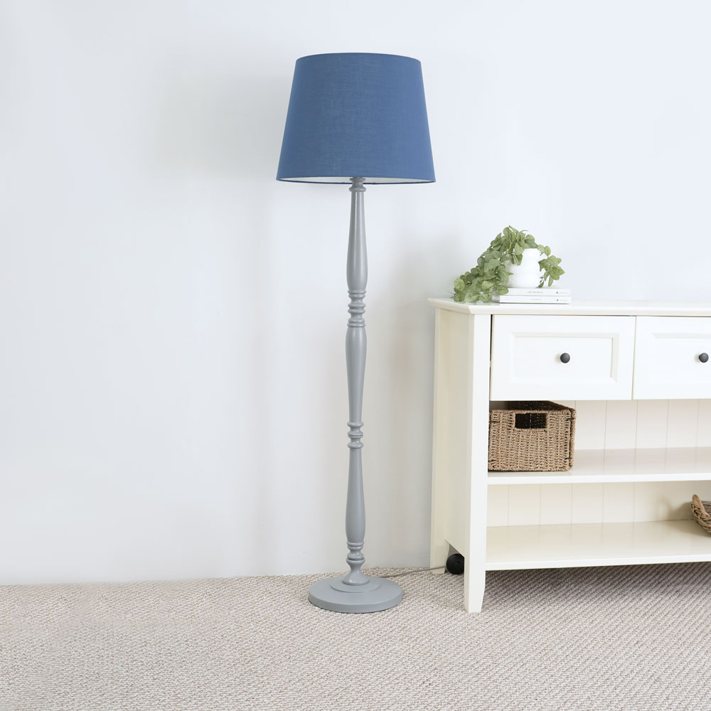 ValueLights Victoria Navy Blue Fabric Tapered Shade Grey Wood Traditional Stem LED Floor Lamp Image 3