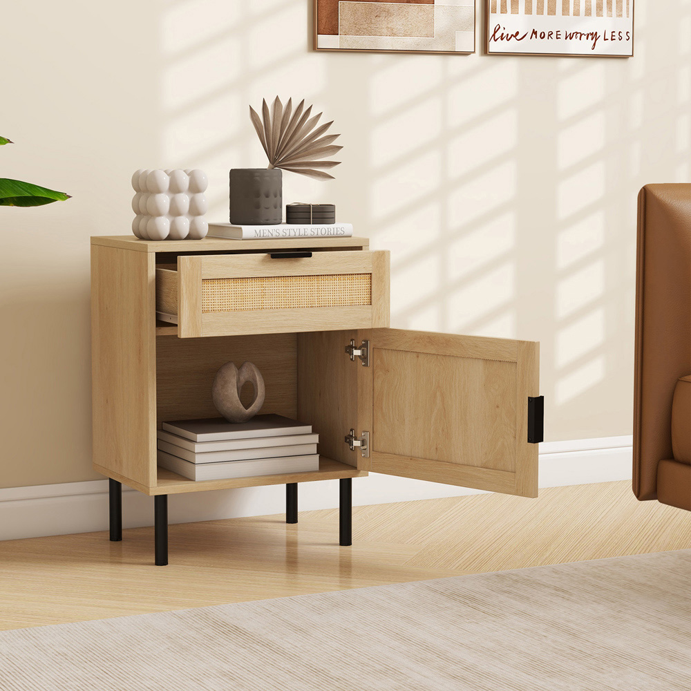 Costway Single Door Single Drawer Natural Rattan Nightstand Set of 2 Image 3