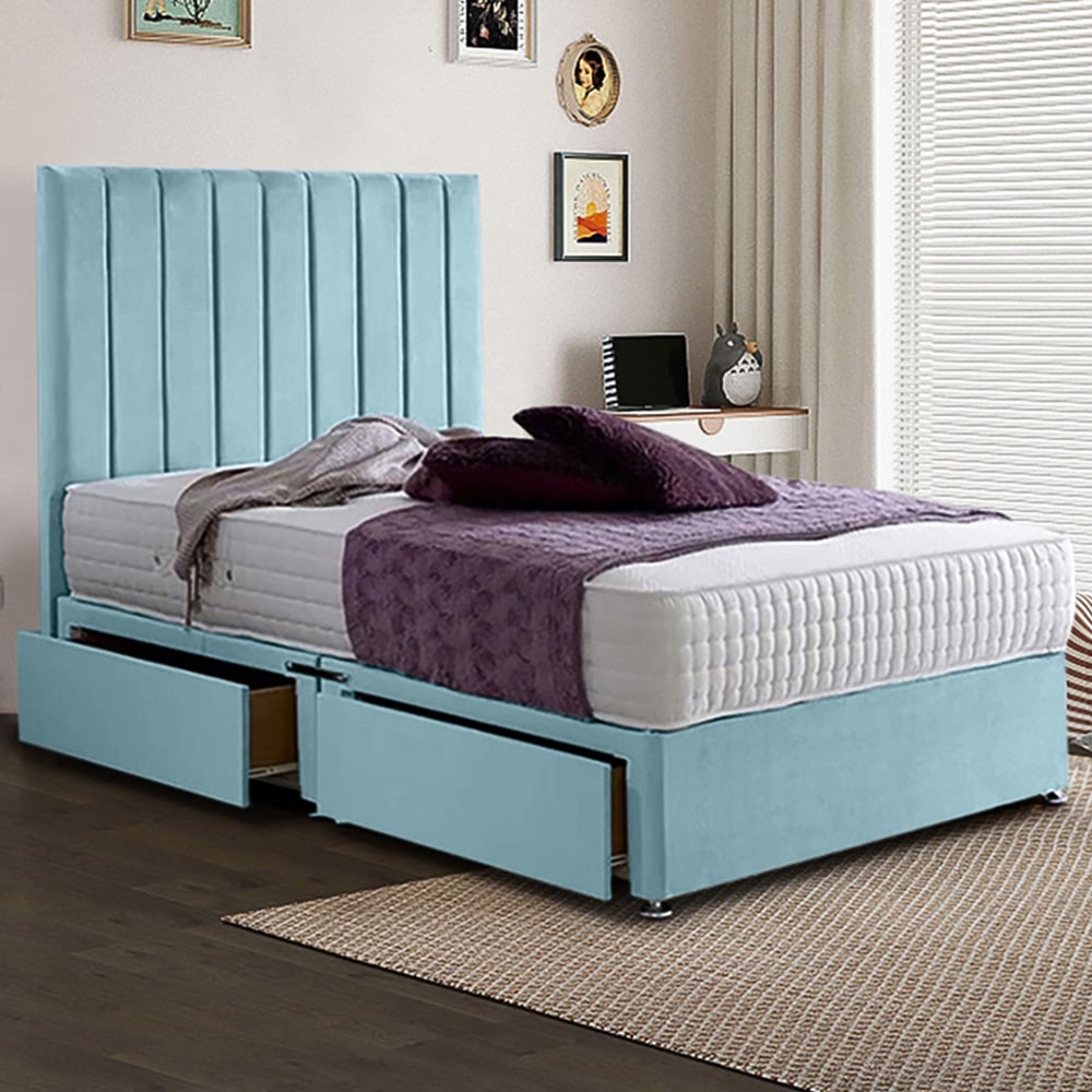 Eleganza Home Sleepytime Small Double Duck Egg Plush Velvet 2 Drawer Divan Bed with Headboard Image 1