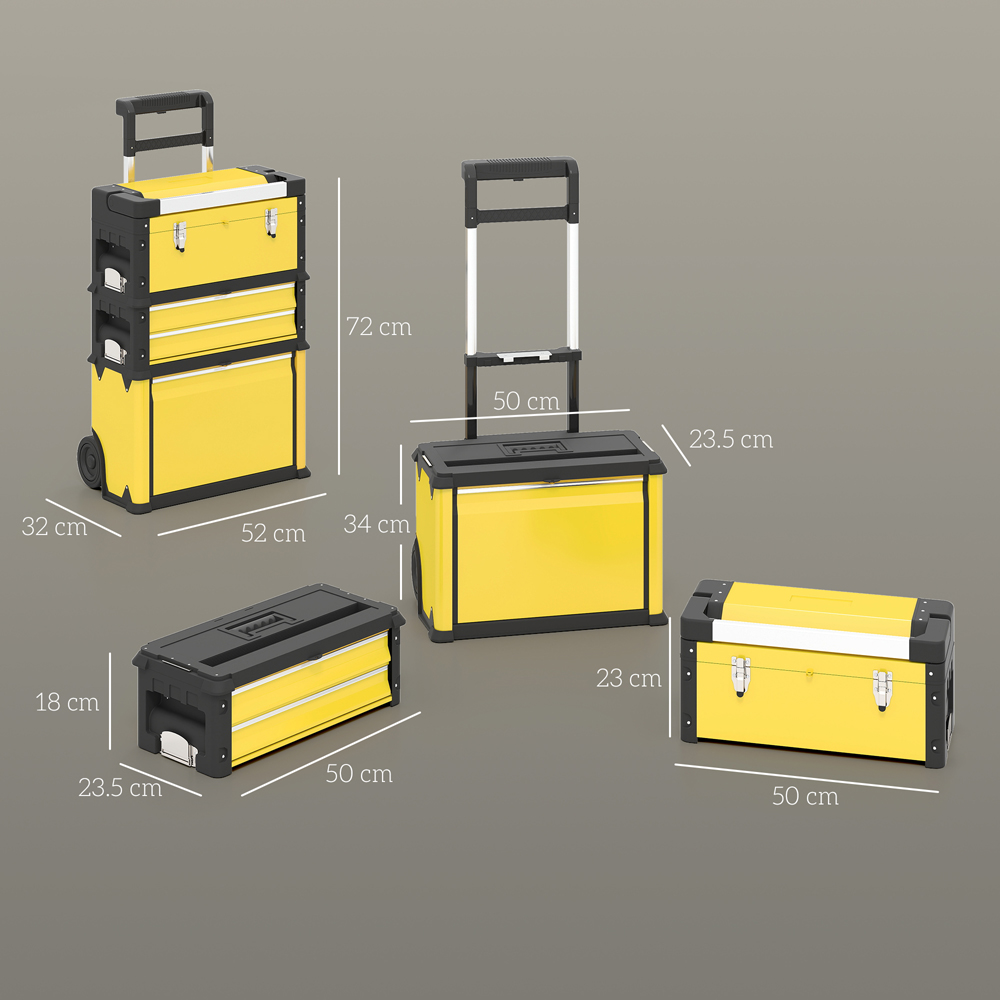 HOMCOM 3 Tier Yellow Stackable Steel Tool Box with Wheels Image 9