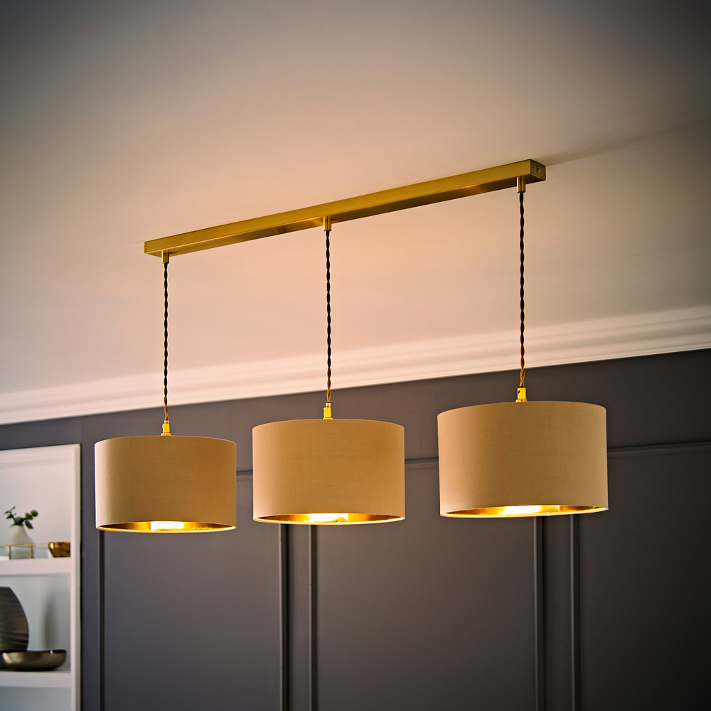 ValueLights Reni Natural and Gold Drum Shade 3 Drop Bar Gold Diner LED Ceiling Light Image 6