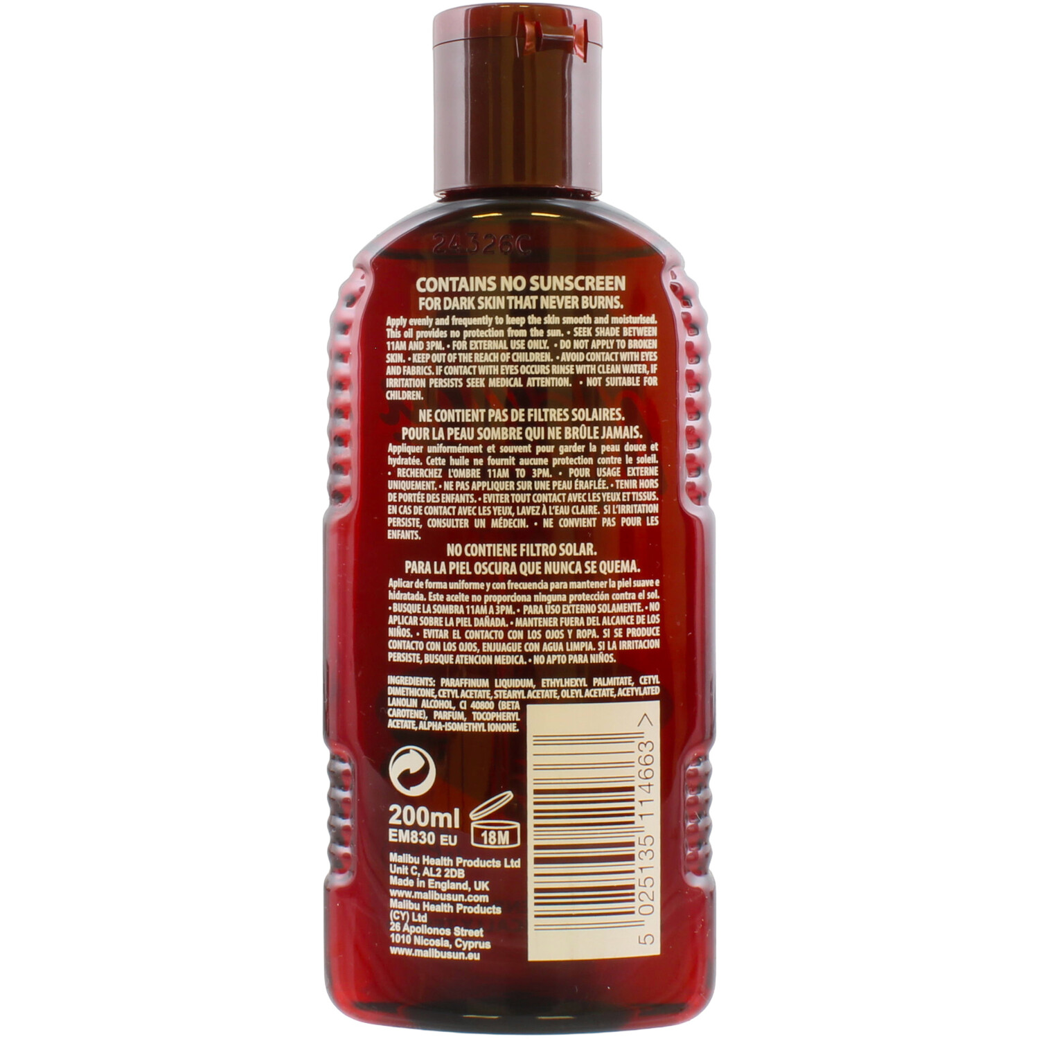 Malibu Tanning Oil with Beta Carotene Red Image 2