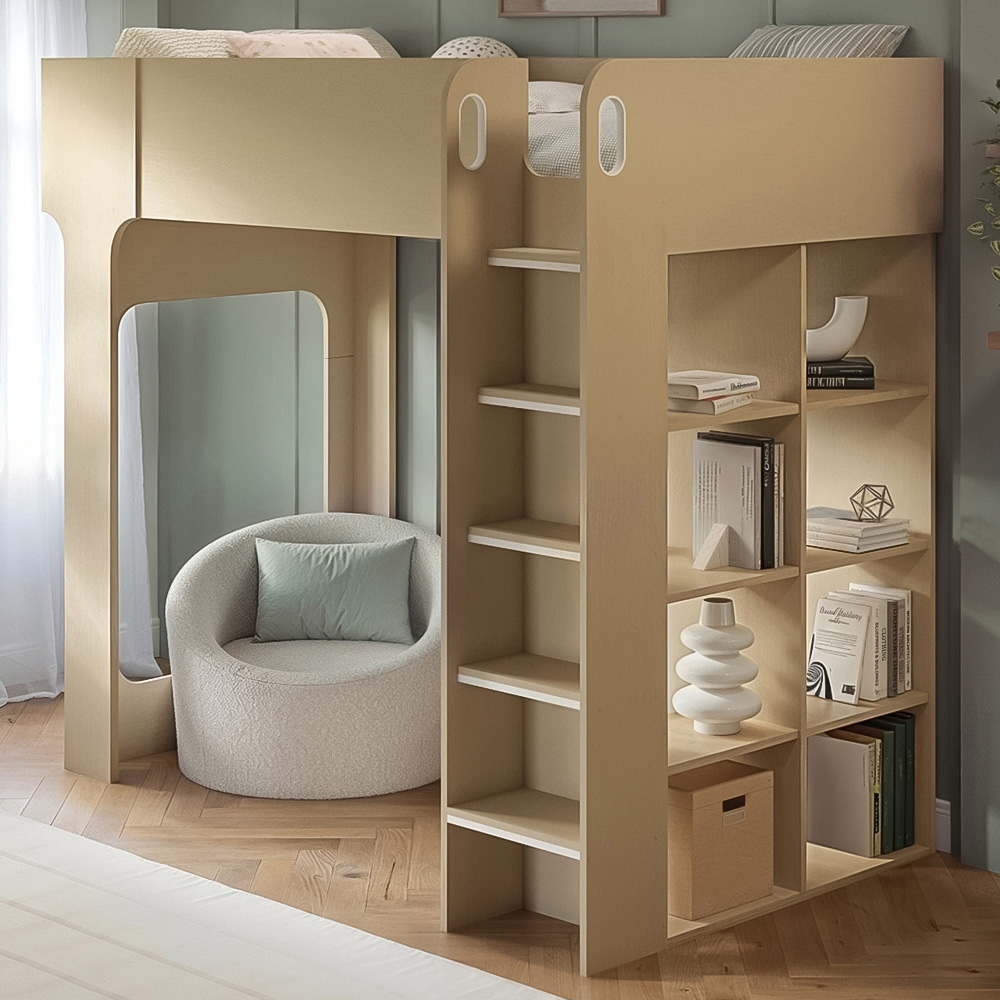 Flair Leo Scandi Light Oak High Sleeper Bed with Storage with Desk and Storage Image 1