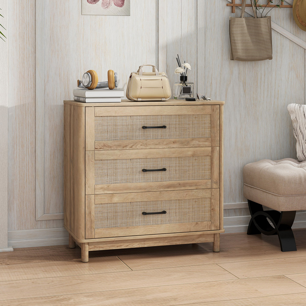 Portland 3 Drawer Oak Rattan Wide Chest of Drawers Image 5