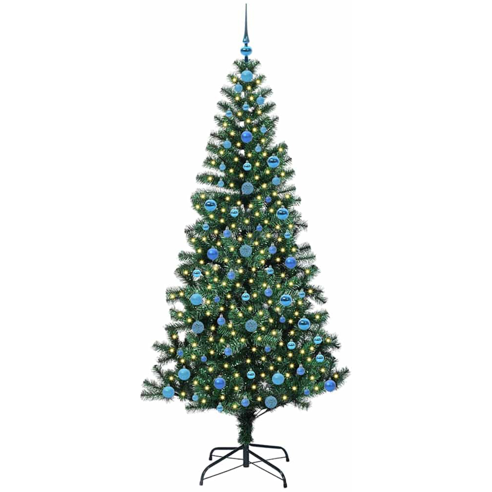 vidaXL Pre-Lit Blue Baubles Green Artificial Christmas Tree 7ft Image 1