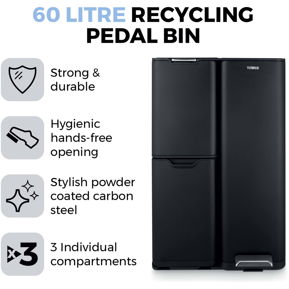 Tower Triple Recycling Black Pedal Bin 60L Image 6