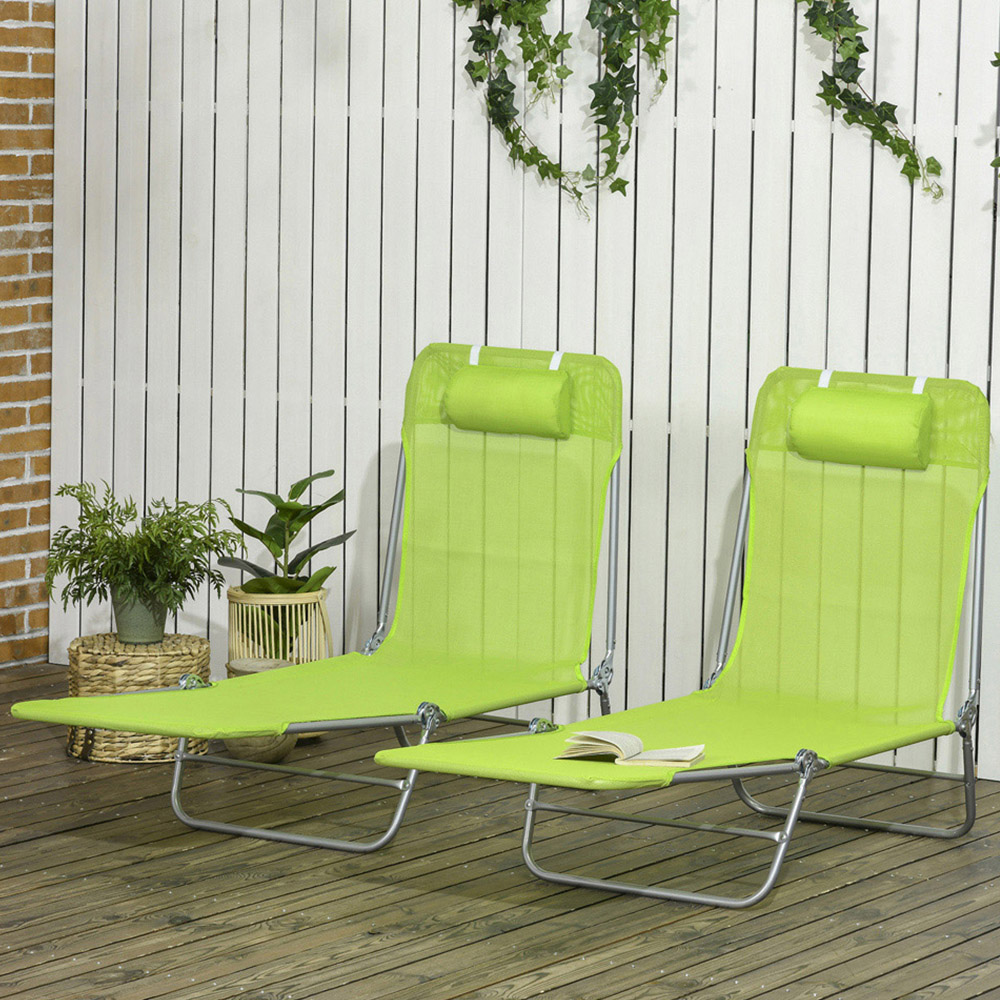 Outsunny Set of 2 Green Reclining Foldable Sun Lounger Image 1
