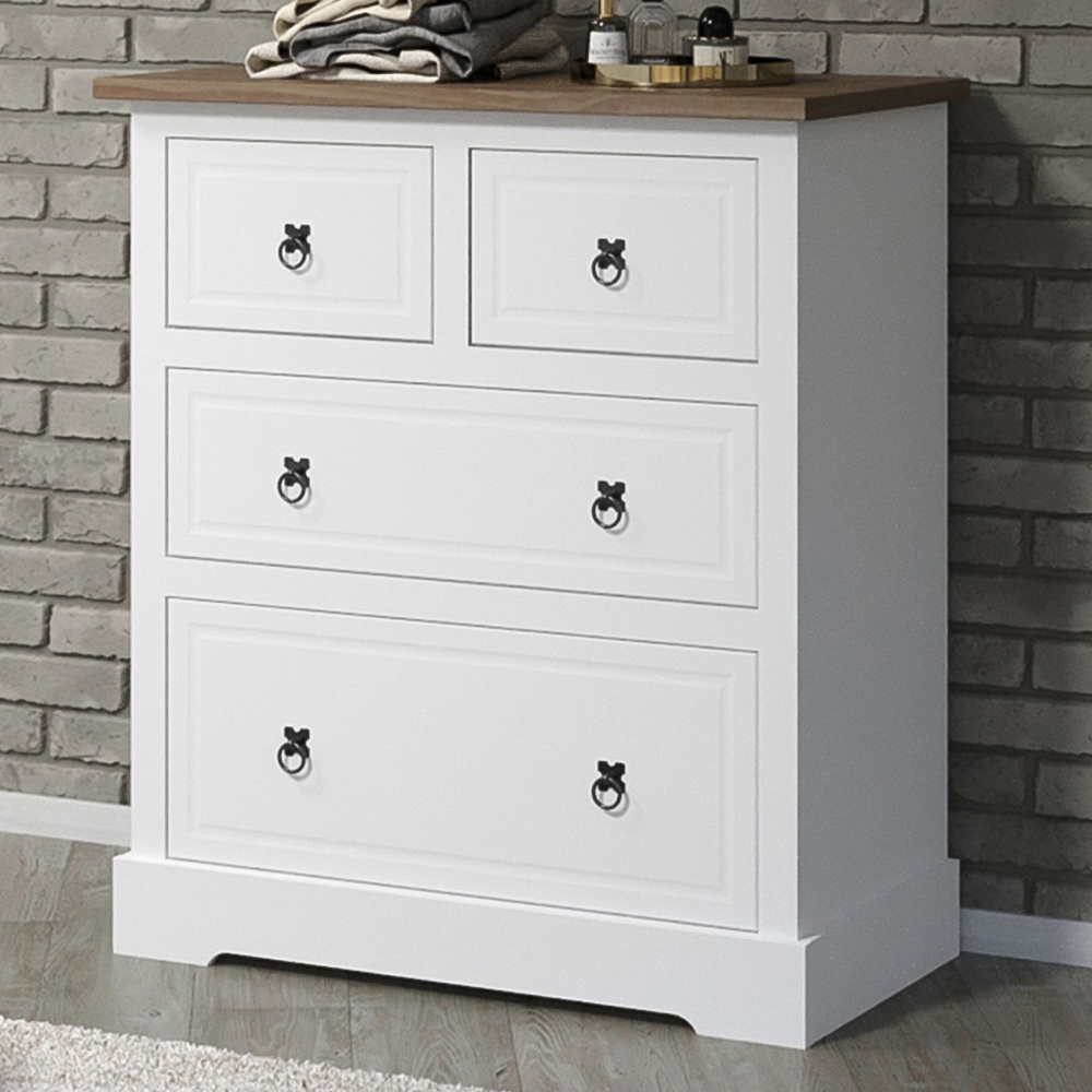 Home Source Corona 4 Drawer White Chest of Drawers with Waxed Pine Top Image 1