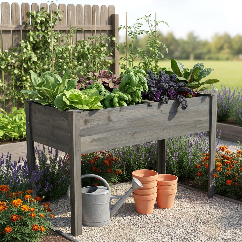 Living and Home Grey Elevated Fir Wood Garden Bed with Drainage Holes Image 3