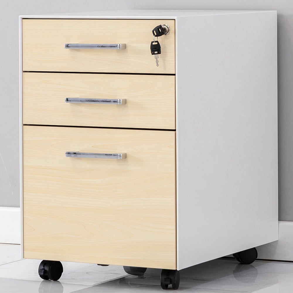MMT Furniture Designs 3 Drawer White and Beech Mobile Pedestal Under Desk Storage Cabinet Image 1
