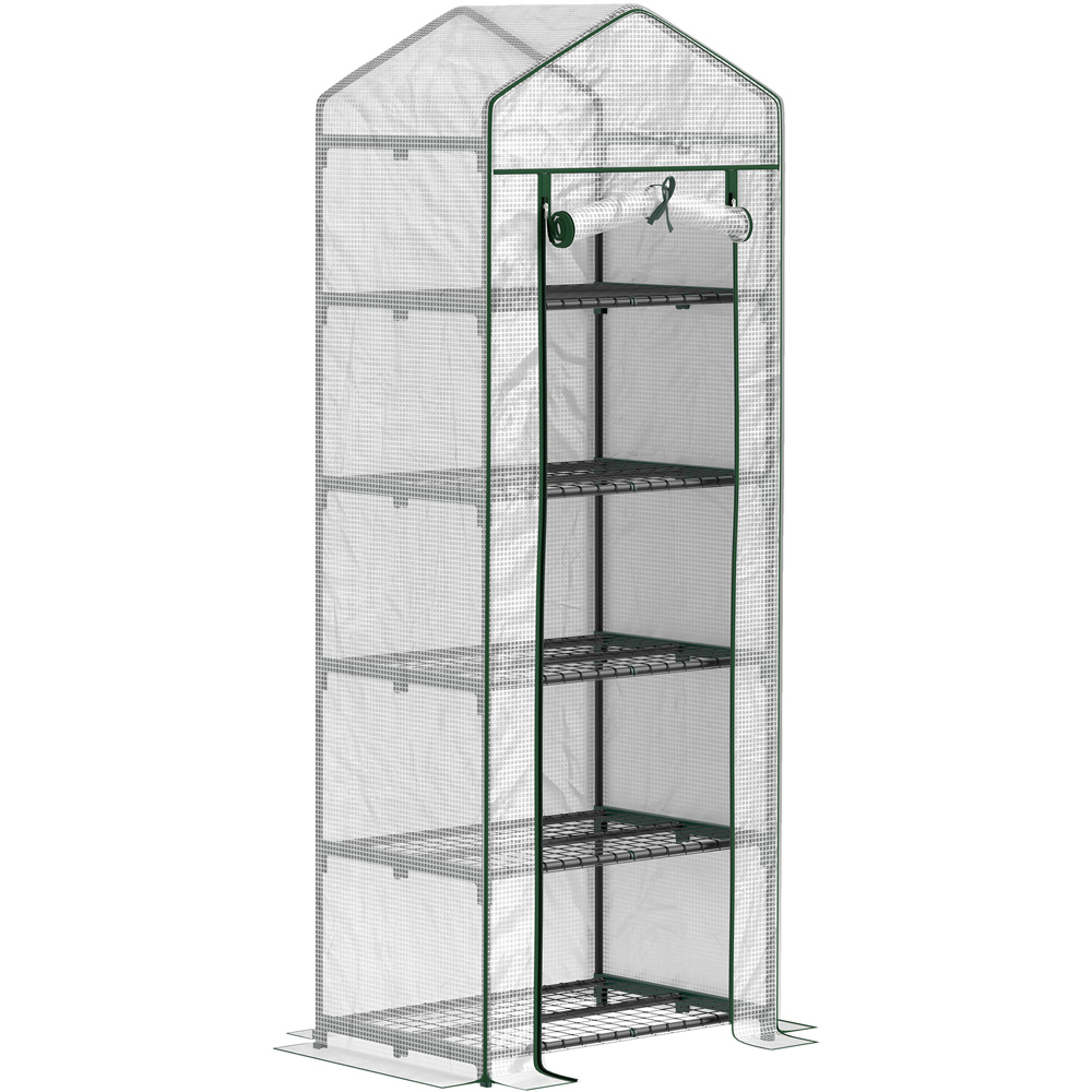 Outsunny White and Green 5 Shelf PE Cover 2.2 x 1.6ft Mini Greenhouse with Roll Up Door Image 1