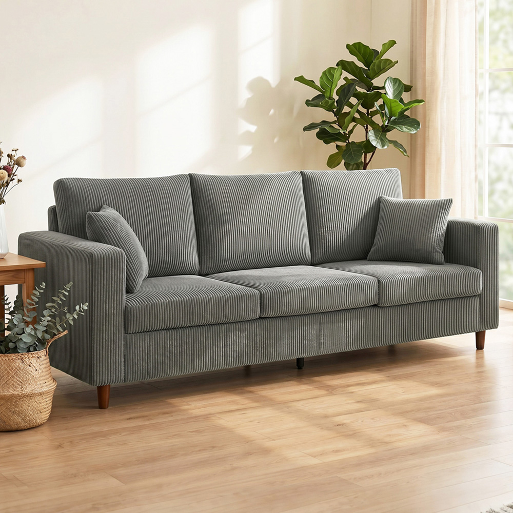 HOMCOM 3 Seater Light Grey Corduroy Upholstered Wide Seat Sofa Image 1