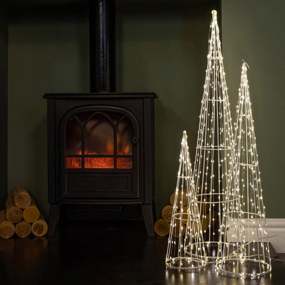 Samuel Alexander Warm White LED Light Up White Metal Dewdrop Christmas Cone Tree Set of 3 Image 7