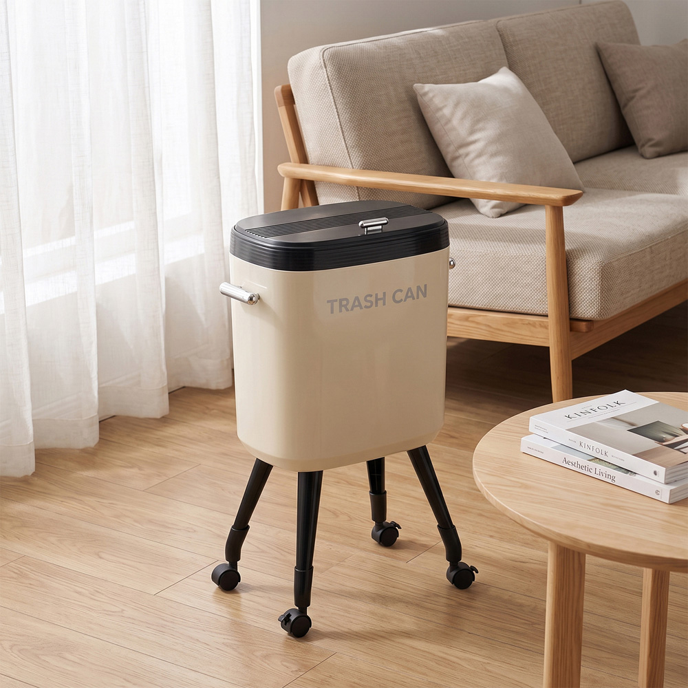 Living and Home Cream Flip Lid Rubbish Bin with Wheels 15L Image 7