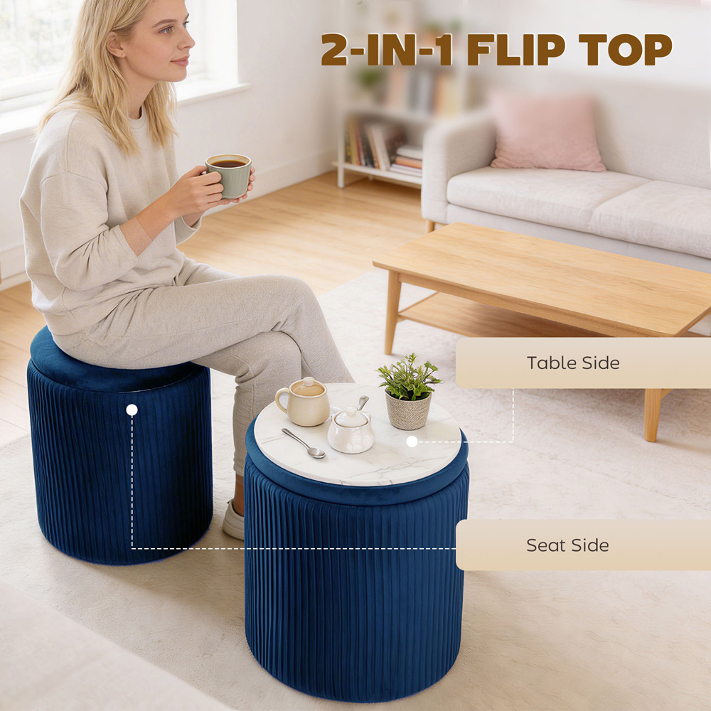 Portland Blue Round Storage Ottoman with Removable Top Image 5