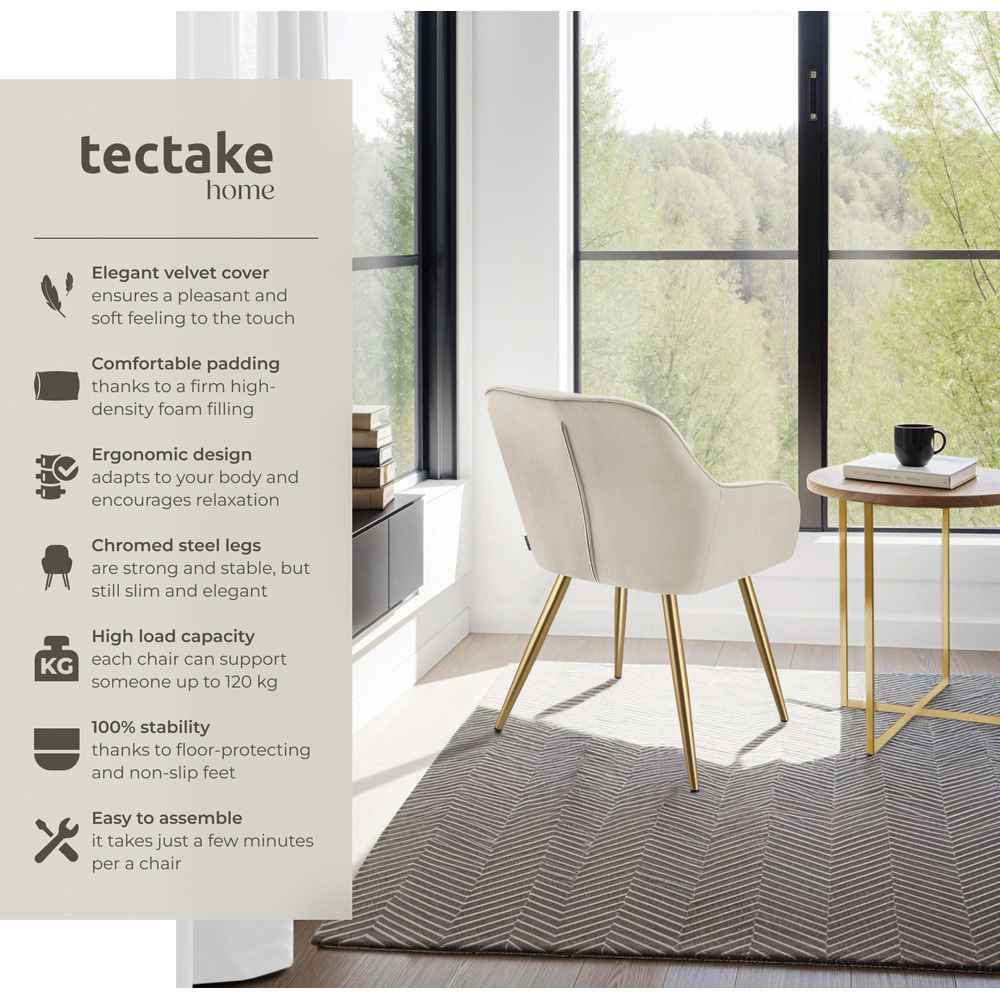tectake Marilyn Set of 4 Cream Gold Quilted Velvet Dining Chair Image 6