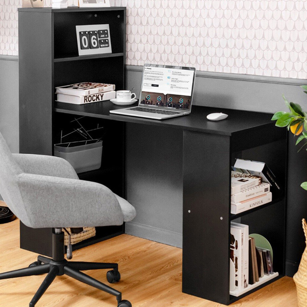 Costway Wooden Computer Desk with Bookshelf Black Image 1