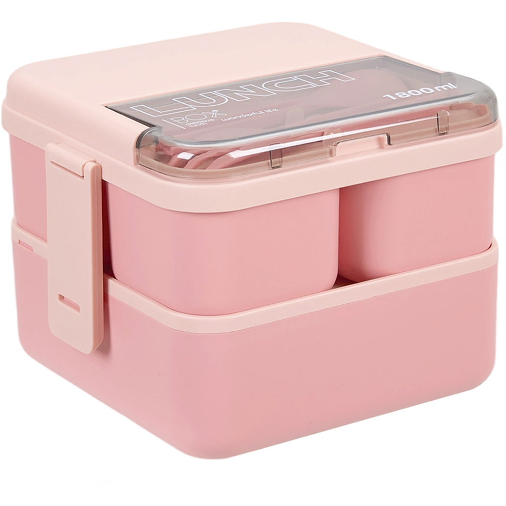 Living and Home 1.8L 2-Tier Pink Lunch Box with Cutlery and 3 Top Compartments Image 2