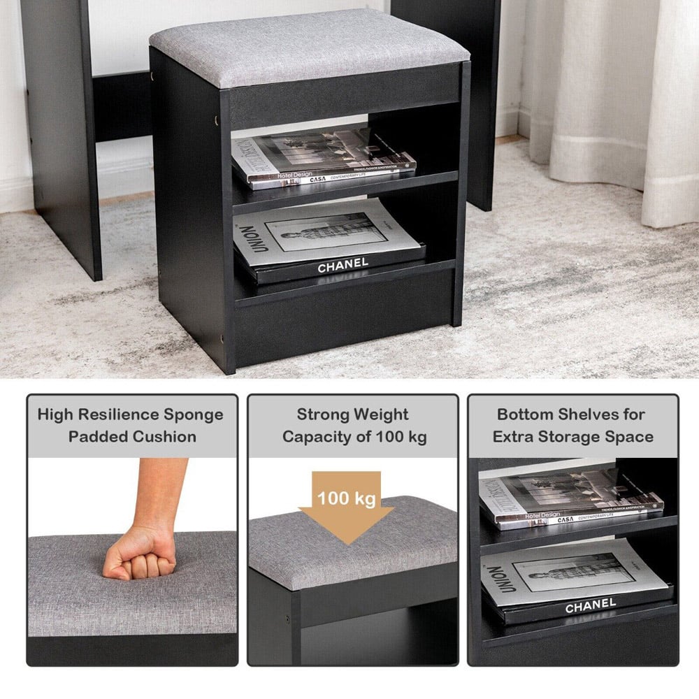 Costway Single Drawer 3 Shelf Black Dressing Table Set with LED Mirror Image 7