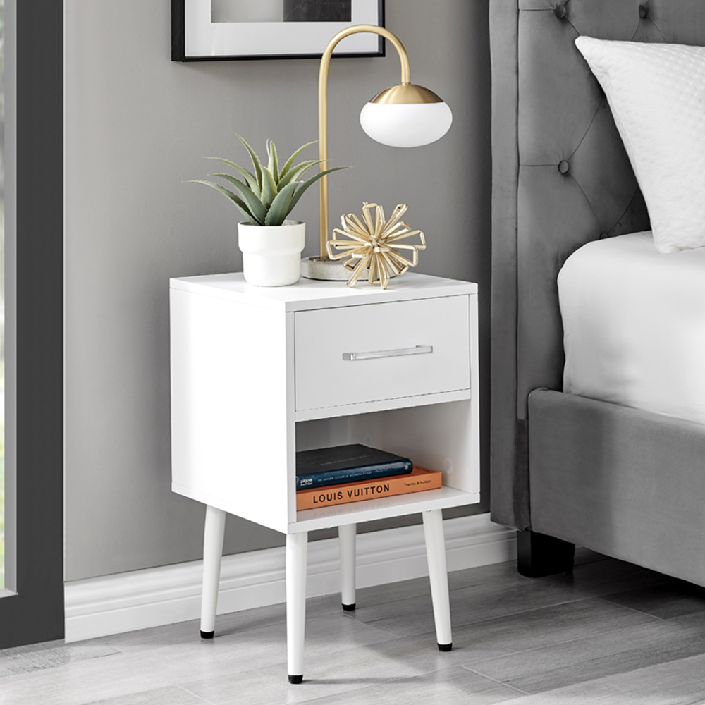 Furniturebox Tyler Single Drawer White and Silver Small Bedside Table Image 1