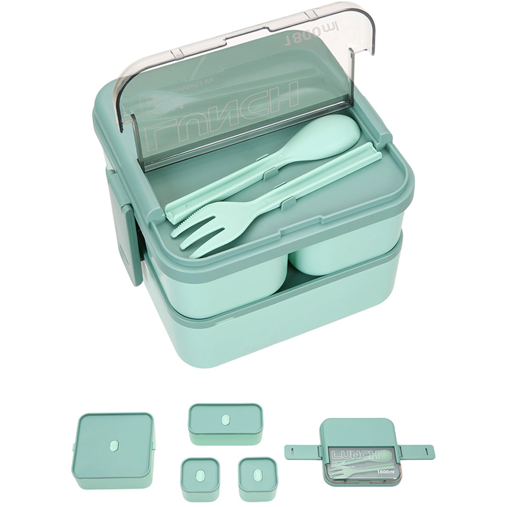 Living and Home 1.8L 2-Tier Green Lunch Box with Cutlery and 3 Top Compartments Image 1