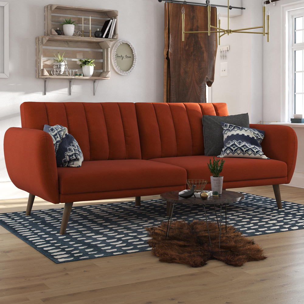 Novogratz Brittany 3 Seater Orange Linen Sofa Bed with Wooden Legs Image 6