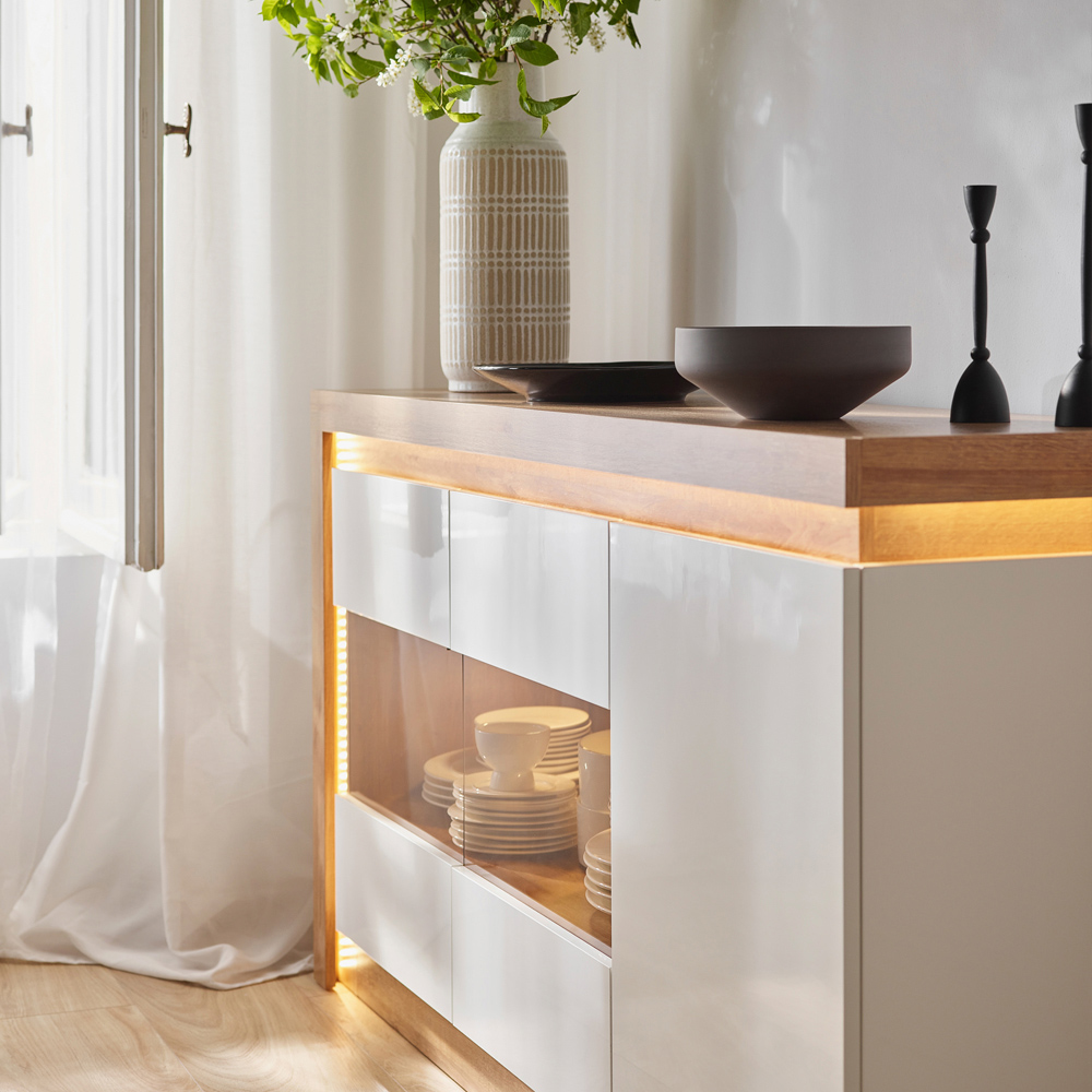 Florence Lyon 3 Door Glazed Riviera Oak and White Sideboard with LED Lighting Image 6
