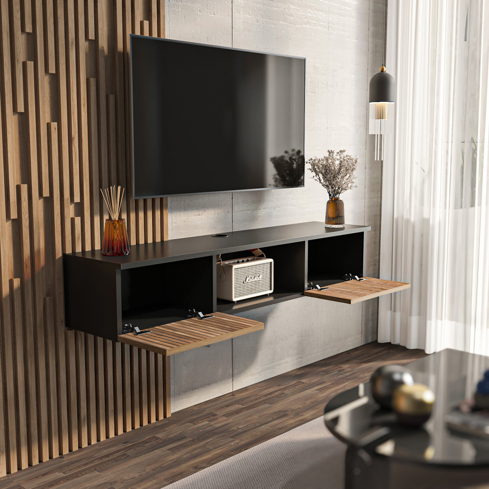 Decorotika Elia 2 Door Single Shelf Black and Alina Wall Mounted TV Unit Image 7