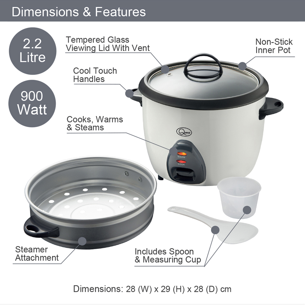 Quest 3 in 1 White 2.2L Rice Cooker and Steamer 900W Image 8