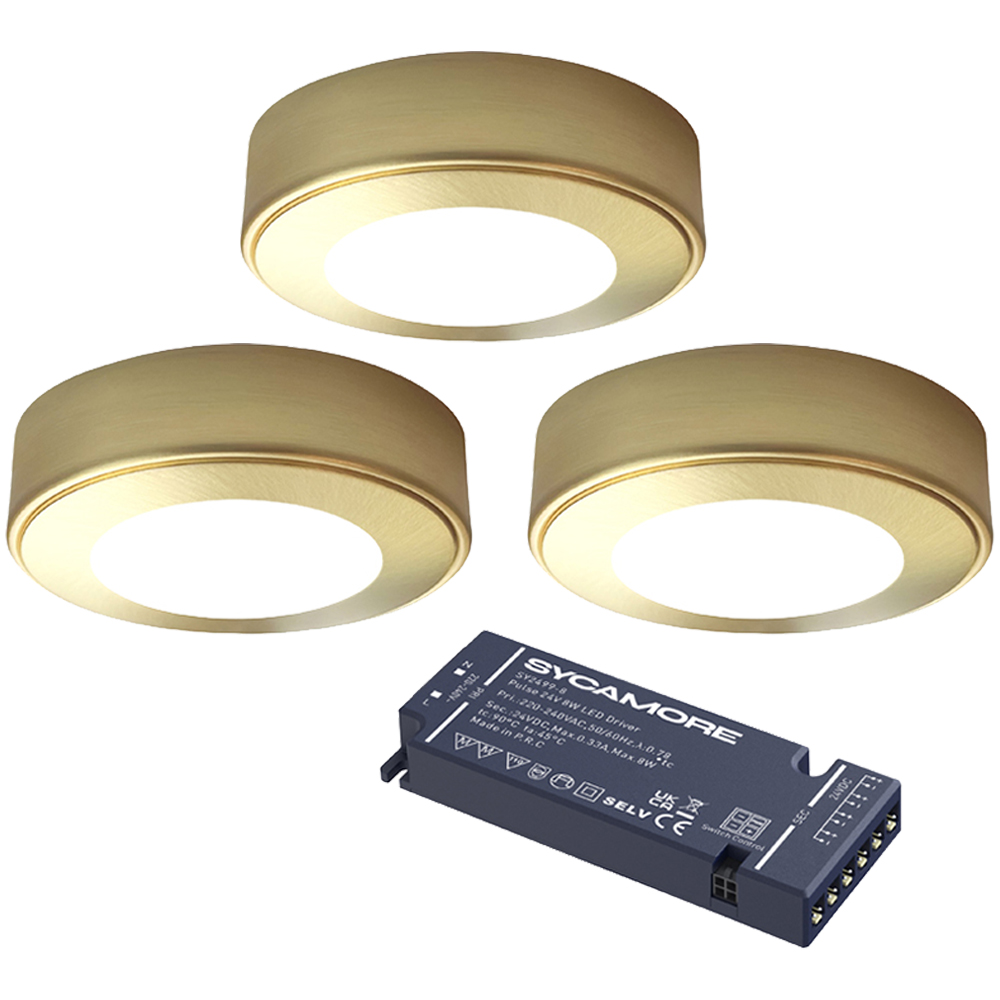 Sorrelis Neris TriGlow Brushed Brass Round 3 Cabinet Light Kit Image 1