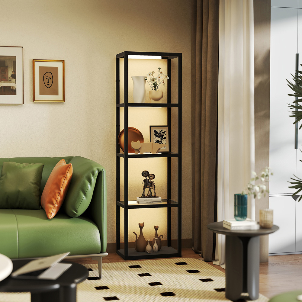 HOMCOM 4 Shelf Black Glass Dimmable LED Floor Lamp Image 3