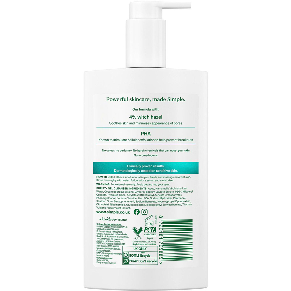 Simple Purify+ Facial Cleanser Hydrating Skin Care Face Wash Gel 240ml 6 Pack Image 3