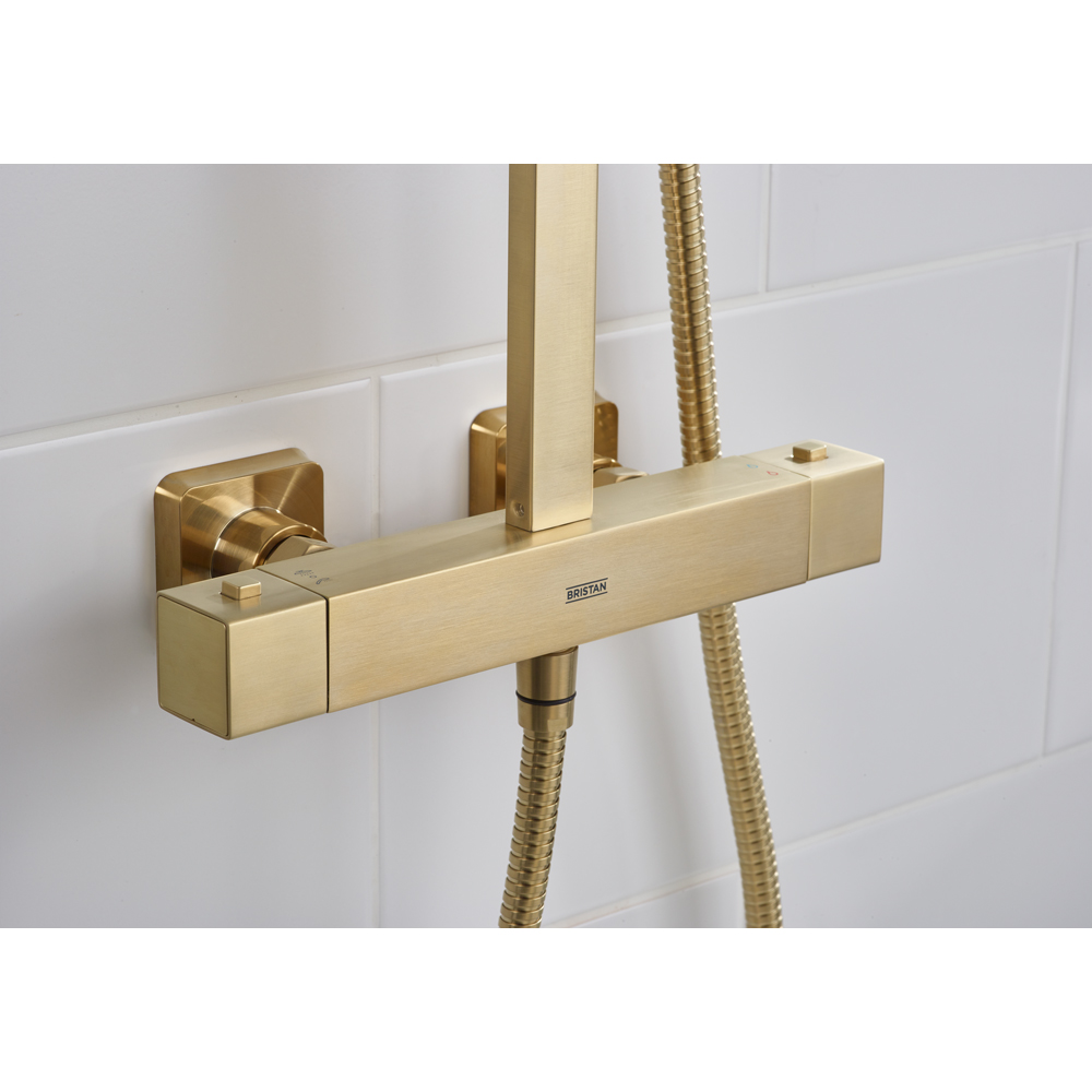 Bristan Quadrato Brushed Brass Cool Touch Thermostatic Bar Shower with Handset Image 3