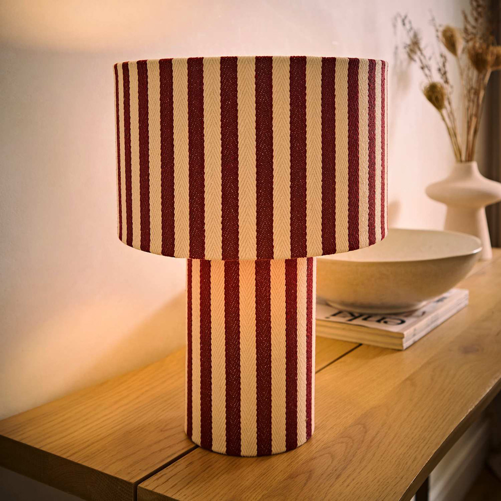 ValueLights Florence Burgundy Pinstripe Linen LED Table Lamp with Bulb Image 2
