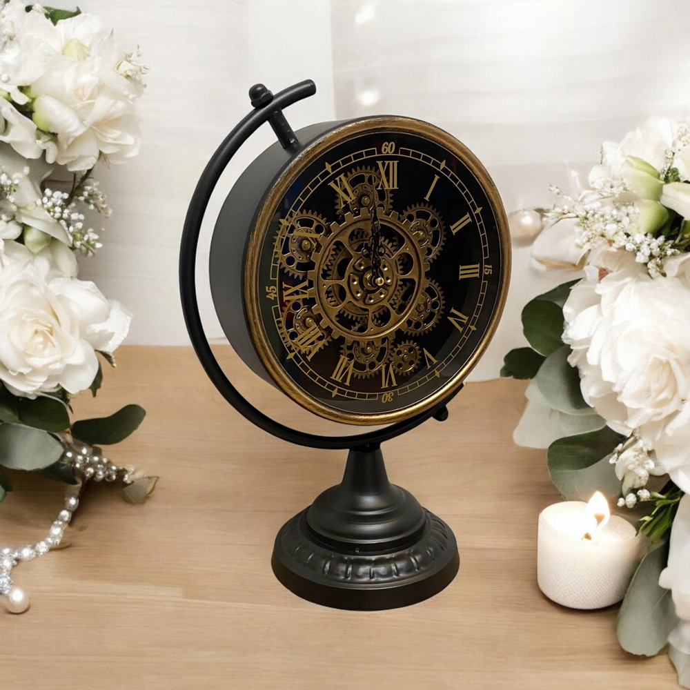 Acacia Home Black and Gold Globe Table Clock 43cm Image 2