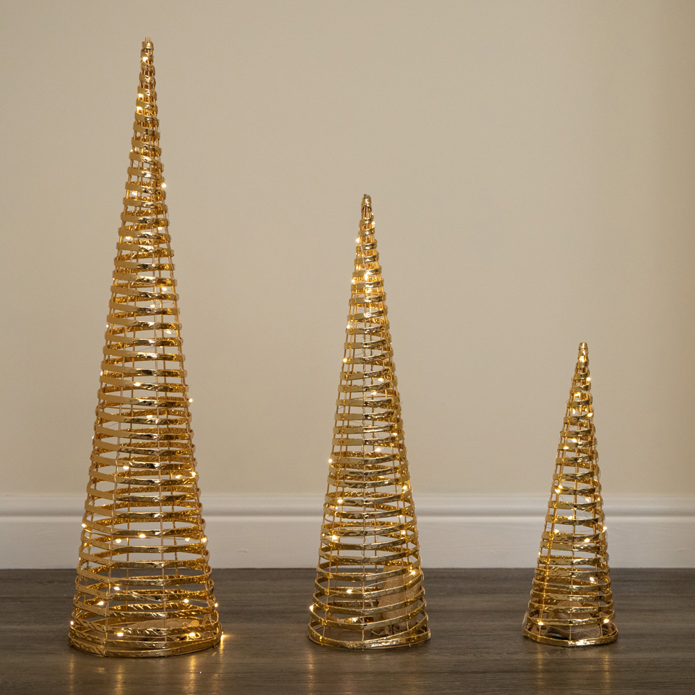 Samuel Alexander 90 Warm White LED Gold Braid Christmas Cone Tree with Timer Set of 3 Image 1