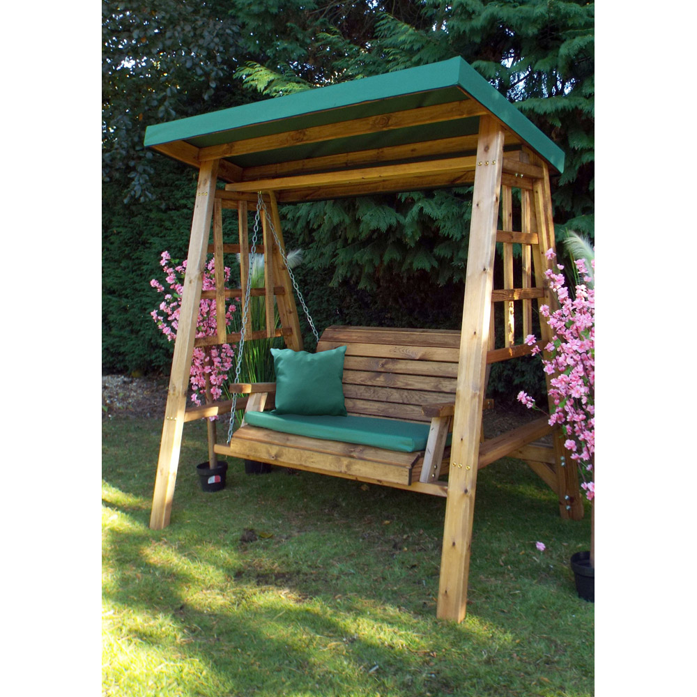 Charles Taylor Dorset 2 Seater Swing with Green Cushions and Roof Cover Image 2