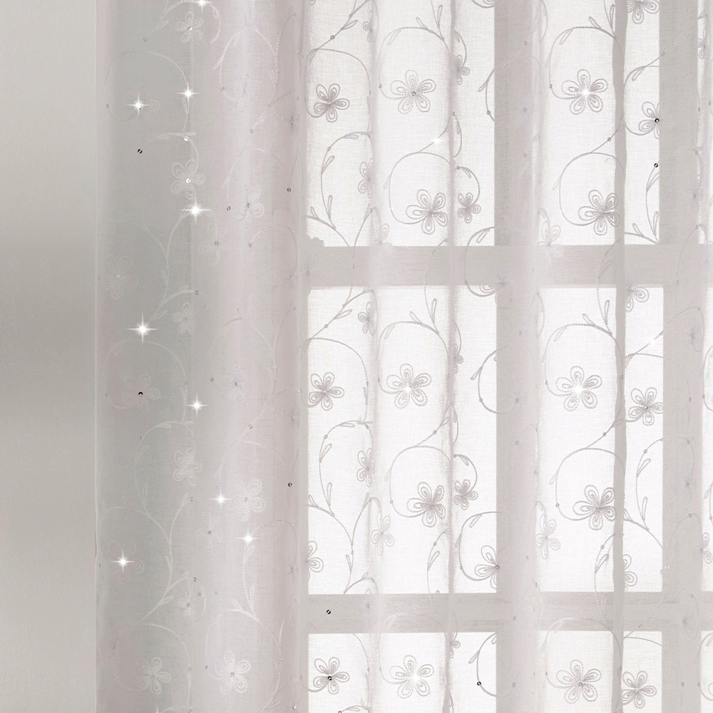 Tyrone Textiles Belle White Floral Embroidery Sequins Rod Pocket Voile Panel Curtains 140 x 183cm Image 3