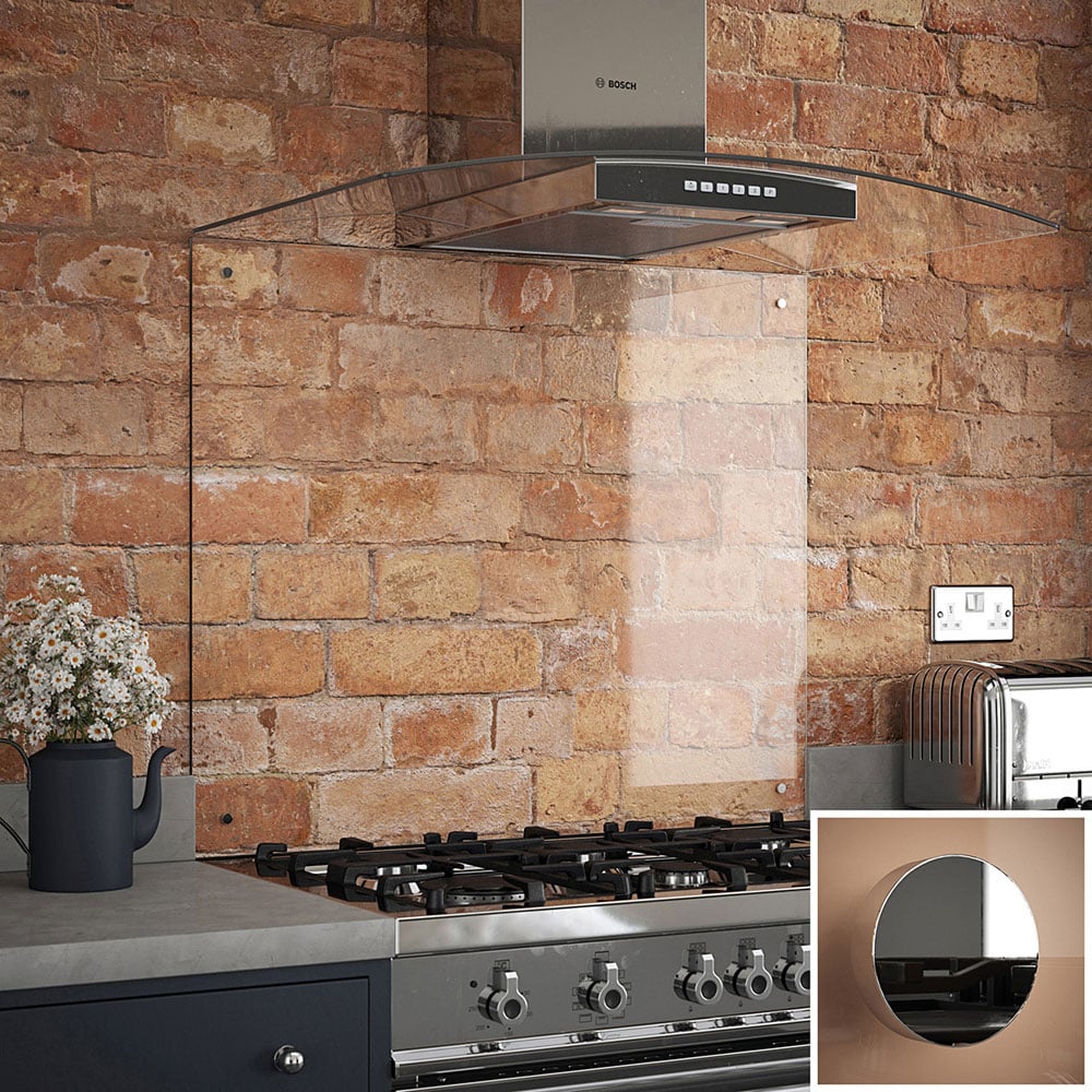 Splashback 0.6cm Thick Clear Kitchen Glass with Chrome Caps 90 x 70cm Image 1