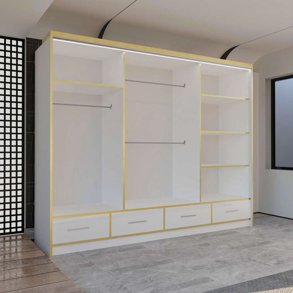 M N Furniture Silora 3 Door 4 Drawer White and Gold High Gloss Mirrored Sliding Wardrobe 253cm Image 3